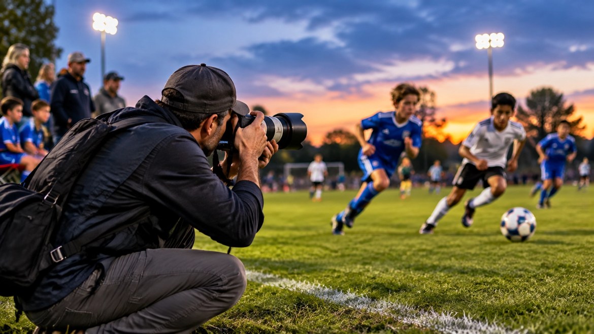 A community sports photographer crouches at the sideline during a youth soccer match