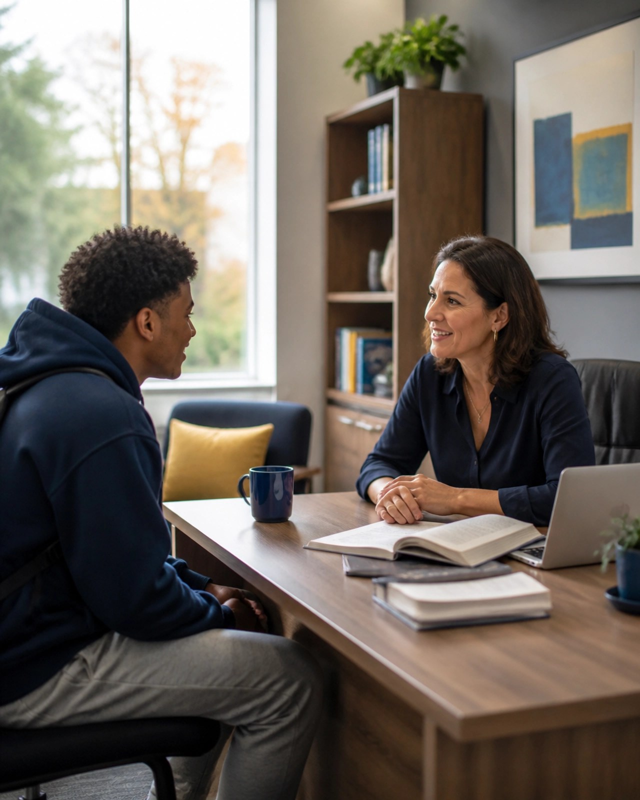 A student engaged in a meaningful conversation with a professor in a bright, modern office during office hours.