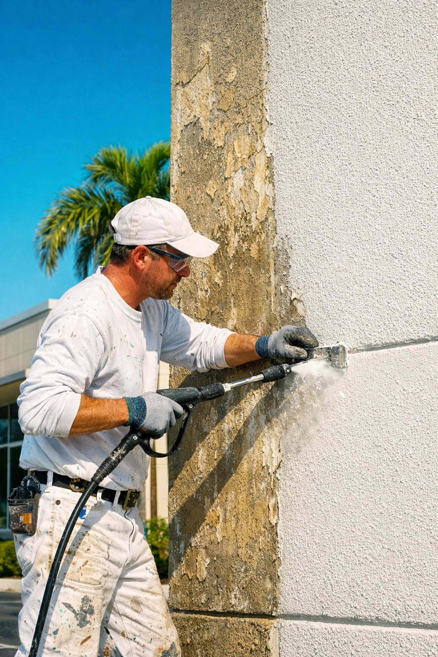 Commercial painter pressure washing building exterior for proper surface preparation in Palm City