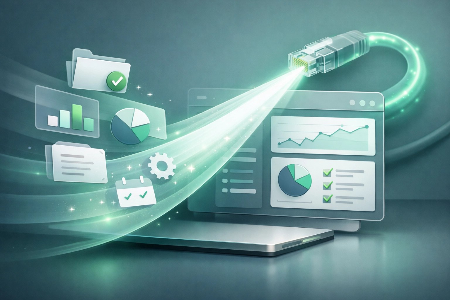 Digital workspace optimization showing organized files and stable ethernet connectivity.