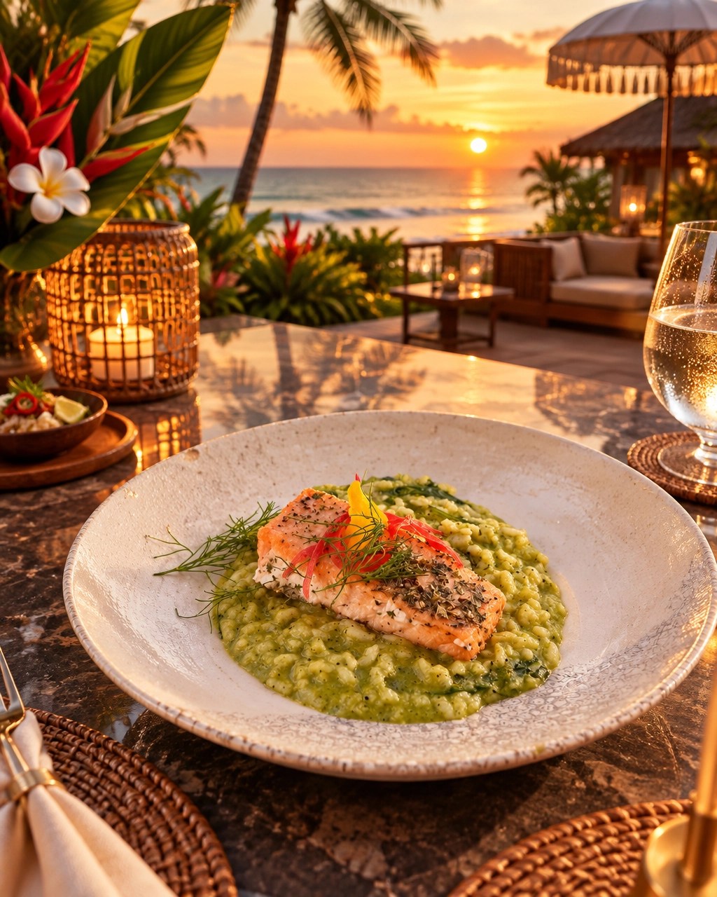 Elegant Seminyak dining table with Indonesian dishes and tropical sunset atmosphere