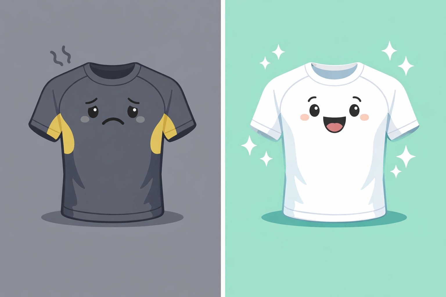 Comparison of a base layer with yellow stains versus a clean shirt protected by non-staining natural deodorant.