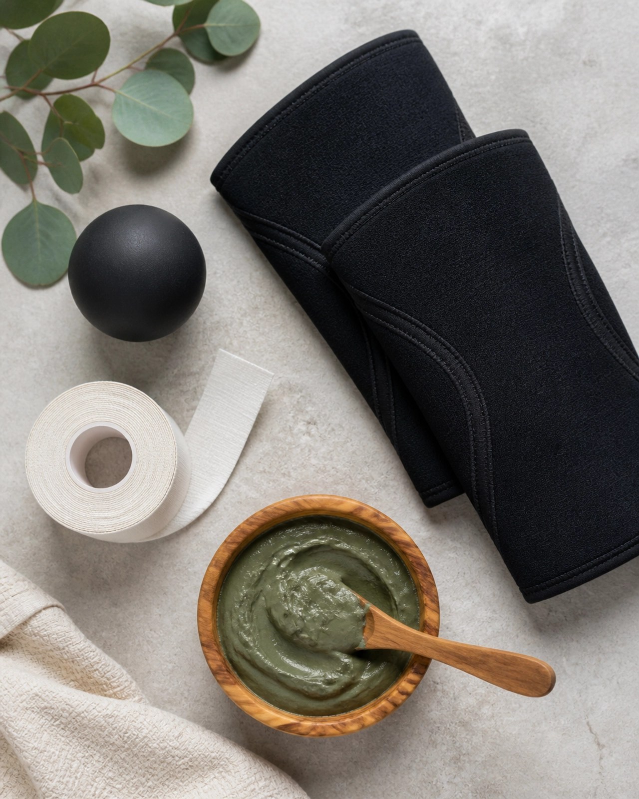 Flat lay of CrossFit recovery essentials including clay, tape, and mobility tools