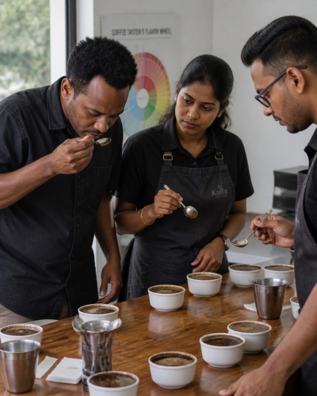 A group of professional people of color participating in a coffee cupping session, looking engaged and focused.
