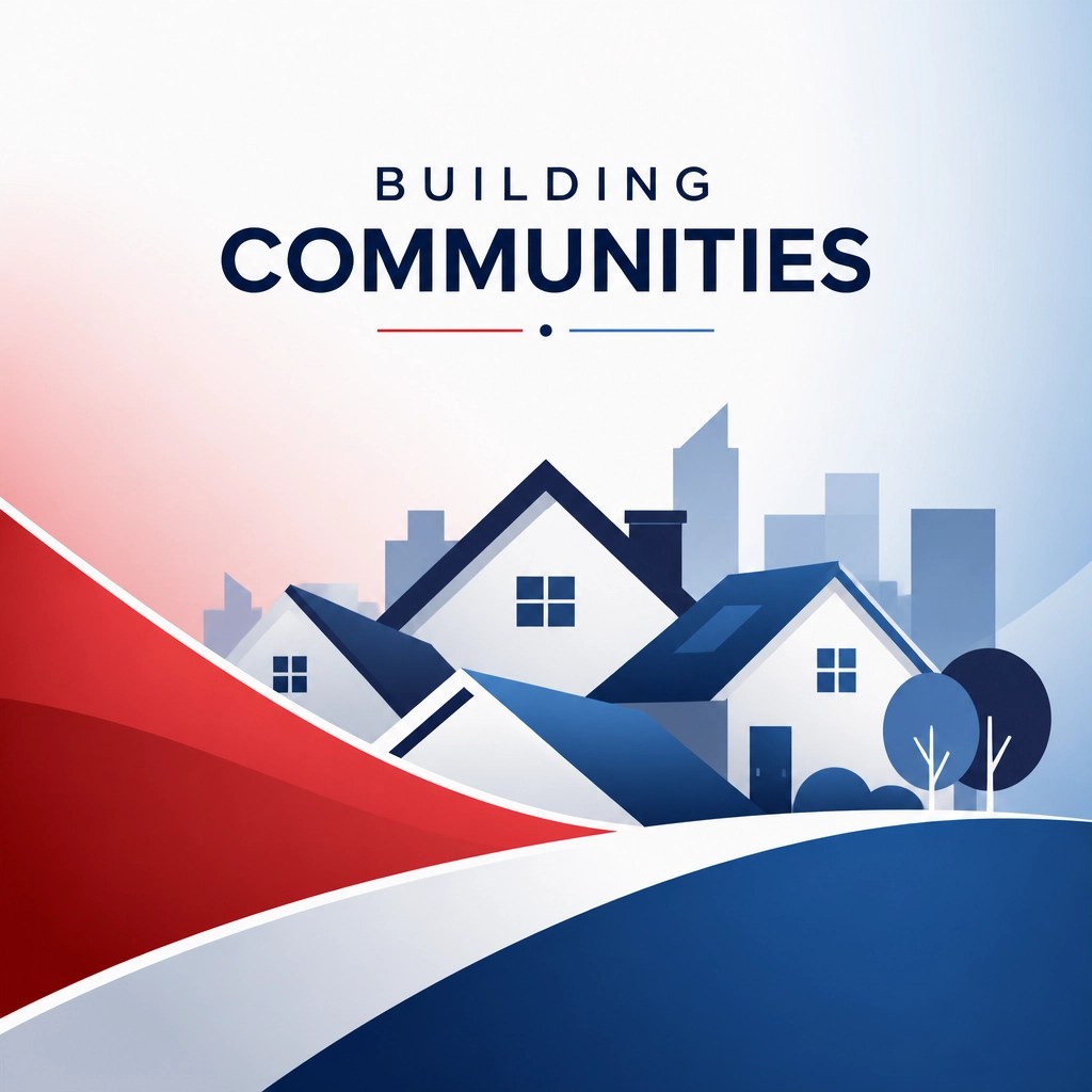 A minimalistic geometric graphic representing house silhouettes and community growth in red, white, and blue.