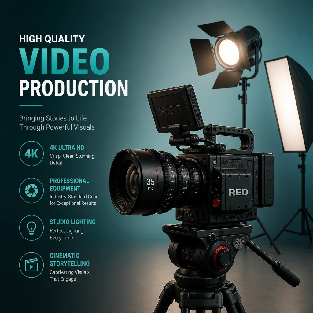 A 3D digital illustration of a professional film camera and studio lighting icons