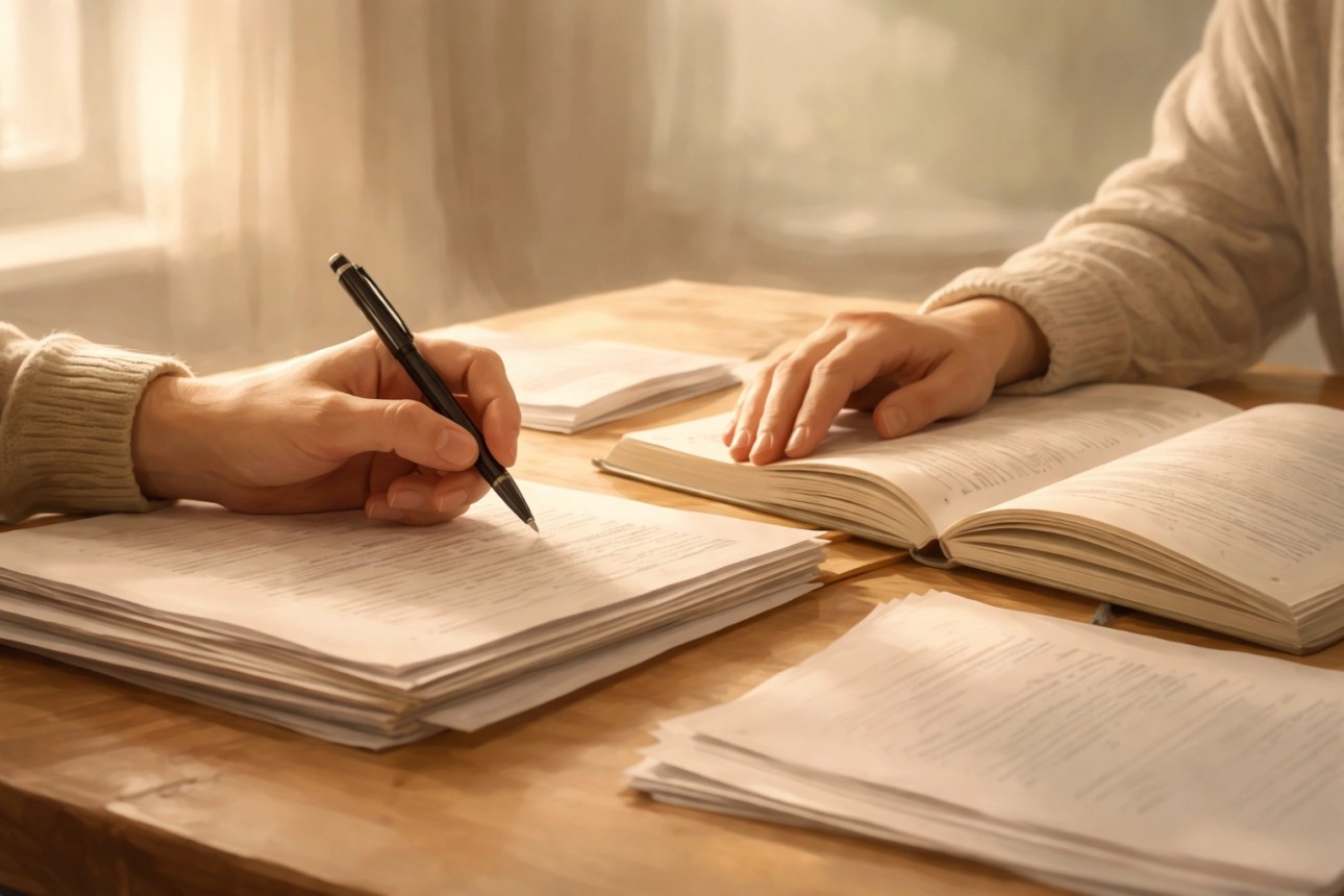 Zwei Personen arbeiten gemeinsam mit Stift und Papieren am Tisch, Symbol für vertrauensvolle Ghostwriting Zusammenarbeit