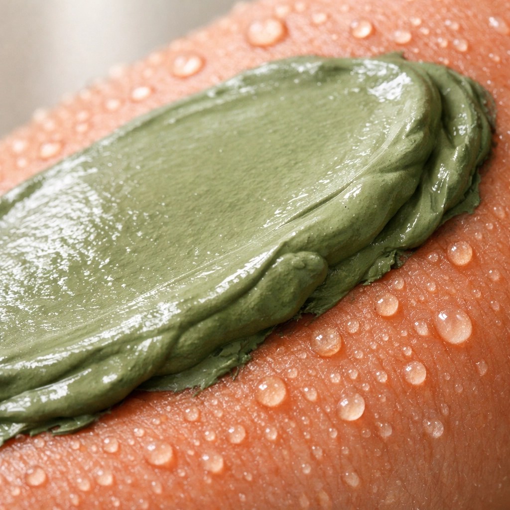 Soothing green clay applied to a red sunburn to pull out heat and reduce inflammation naturally.