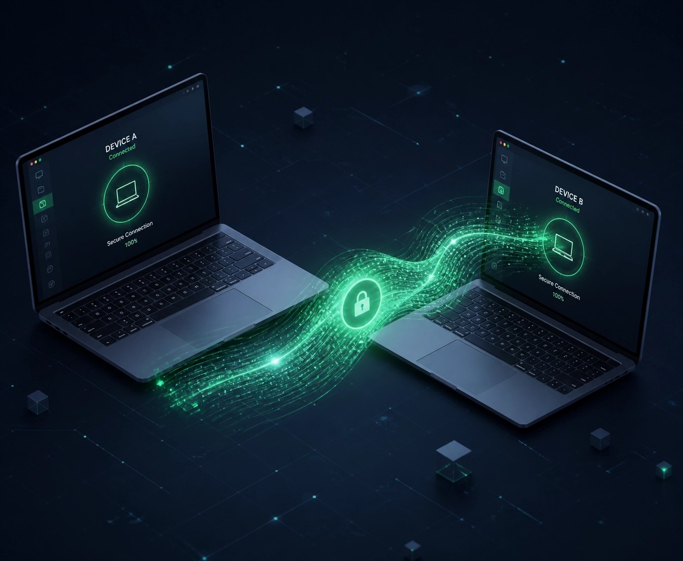 Minimalist laptop screens linked by a data bridge for remote technical support and collaboration.