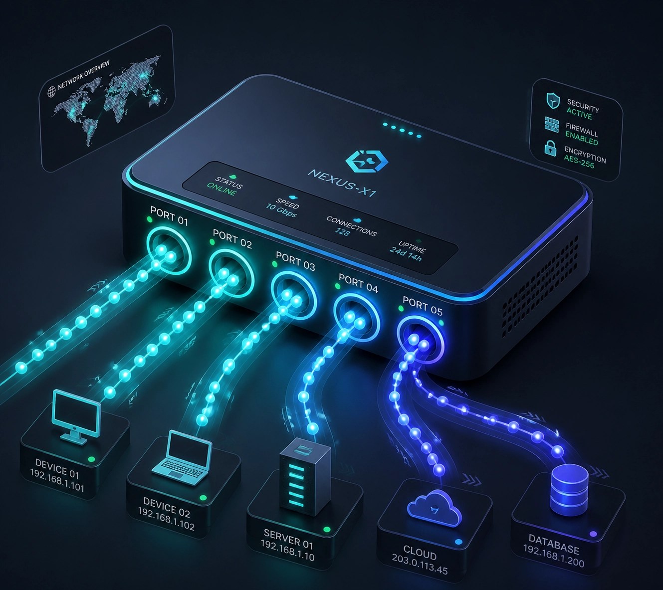 Digital illustration of optimized network ports ensuring stable remote PC troubleshooting and data flow.