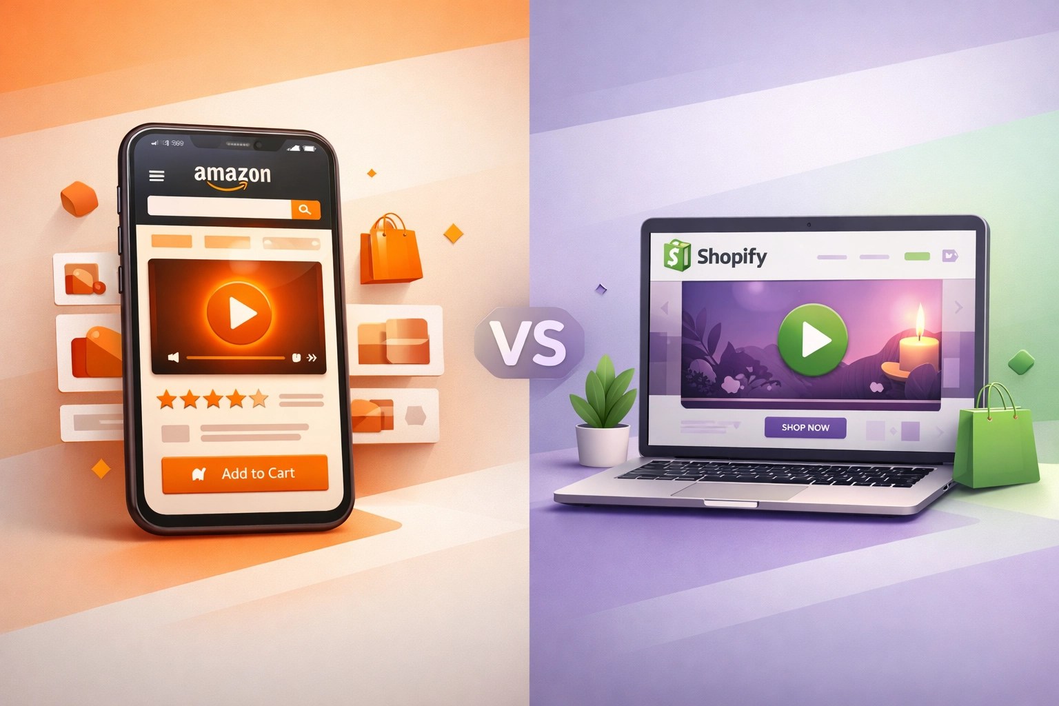 Amazon product listing versus Shopify storefront comparison showing video placement differences