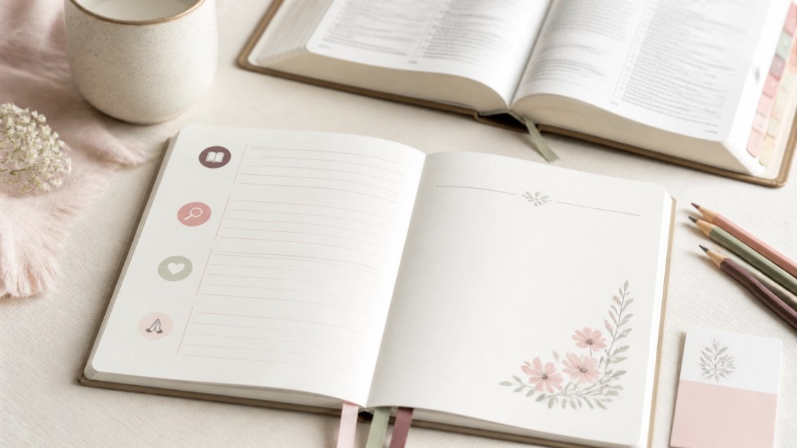 A peaceful SOAP Bible study setup with an open Bible, journal, tabs, and colored pencils
