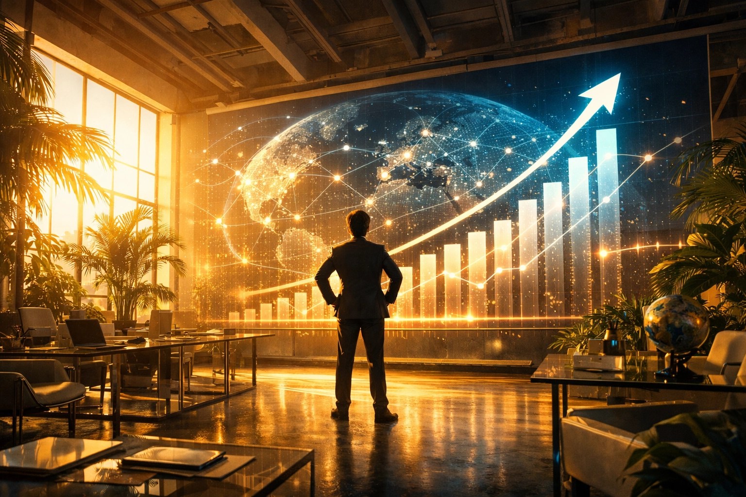 Successful entrepreneur viewing business growth charts and achieving financial freedom in a modern office.