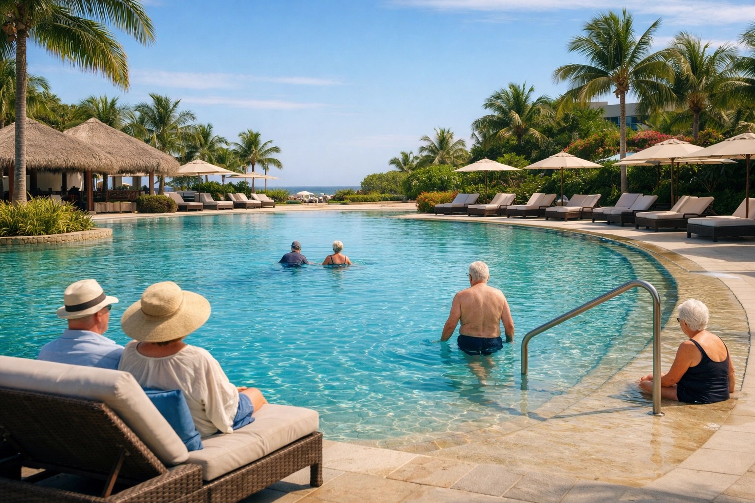 Stunning accessible luxury pool with a premium zero-entry design and an elegant resort setting for a relaxing senior escape.