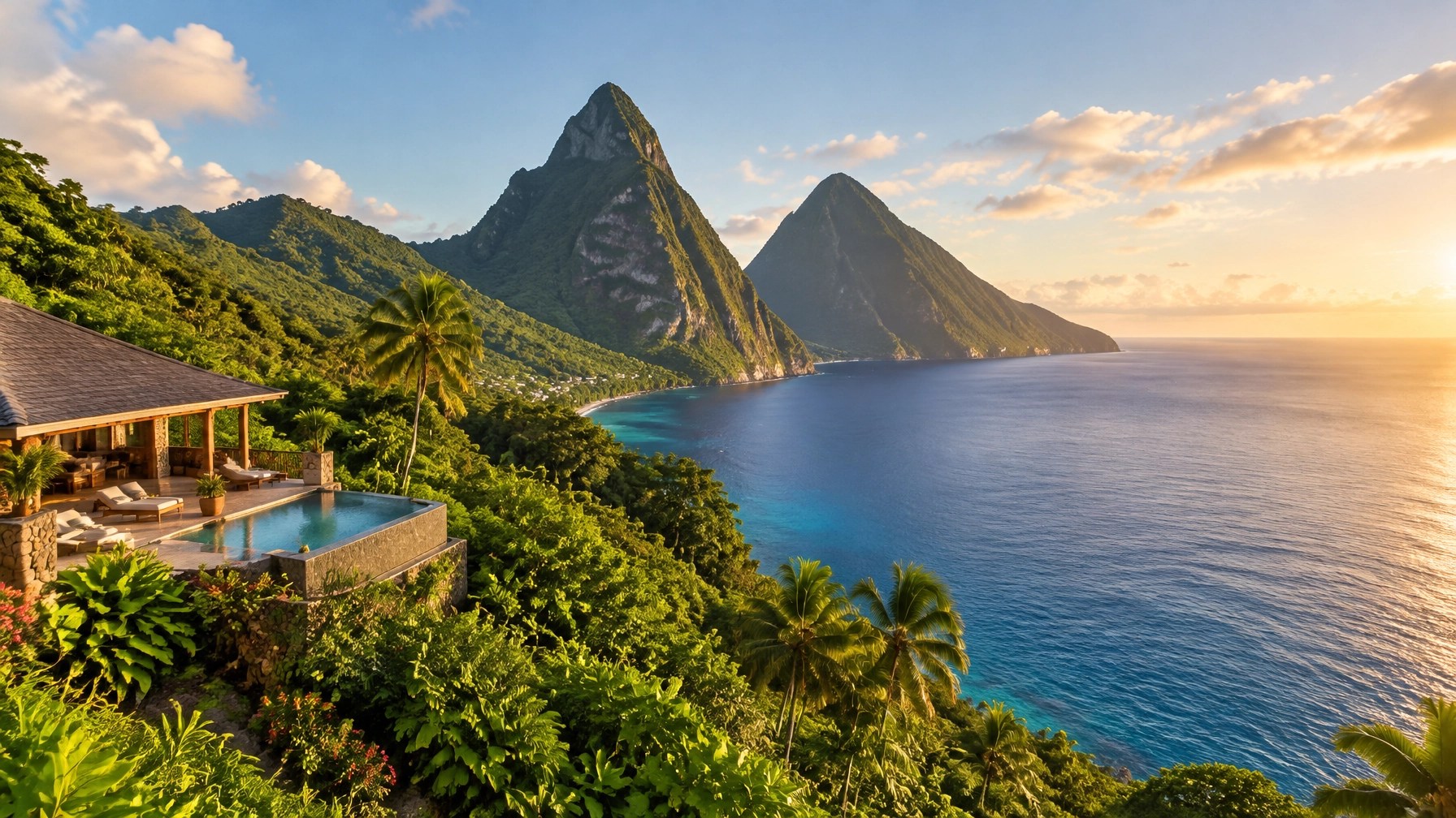 Dramatic St. Lucia Pitons rising above a lush emerald coastline with a secluded resort terrace