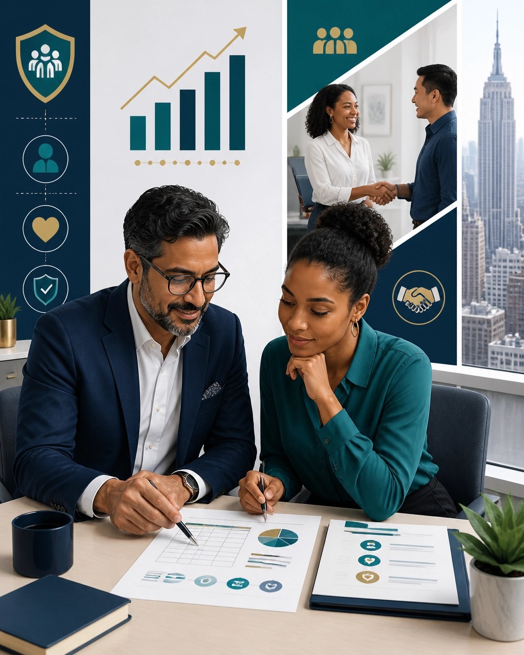 New York business owner and employee reviewing a predictable health benefits budget and retention plan
