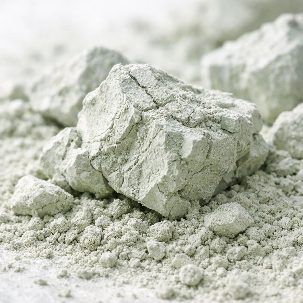 Close-up of raw French Green Clay chunks and illite powder used for natural muscle and joint healing.