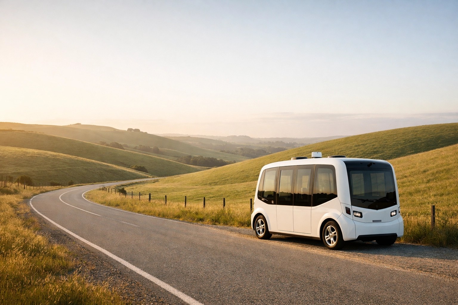 White medical transport shuttle parked on a scenic rural road providing healthcare access in remote areas.