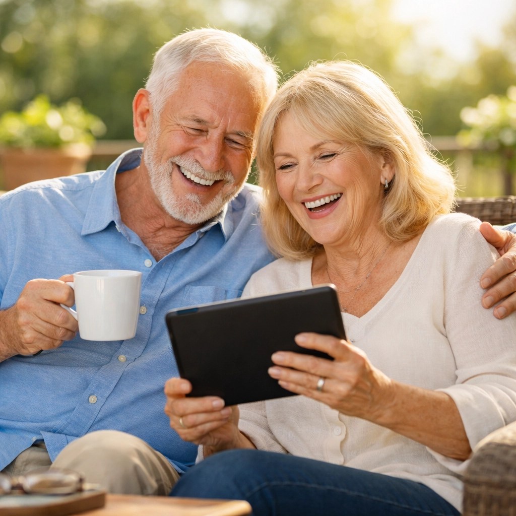 Senior couple reviewing final expense insurance options on a tablet, no medical exam needed