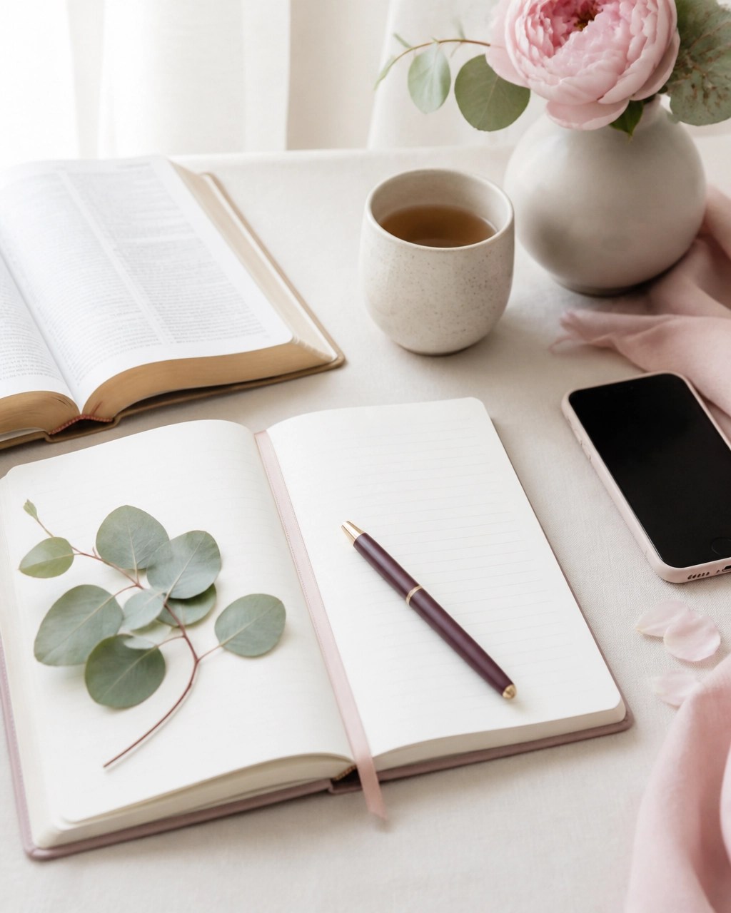 Open Christian journal, Bible, tea, and a minimized smartphone arranged in a soft, peaceful stationery setting