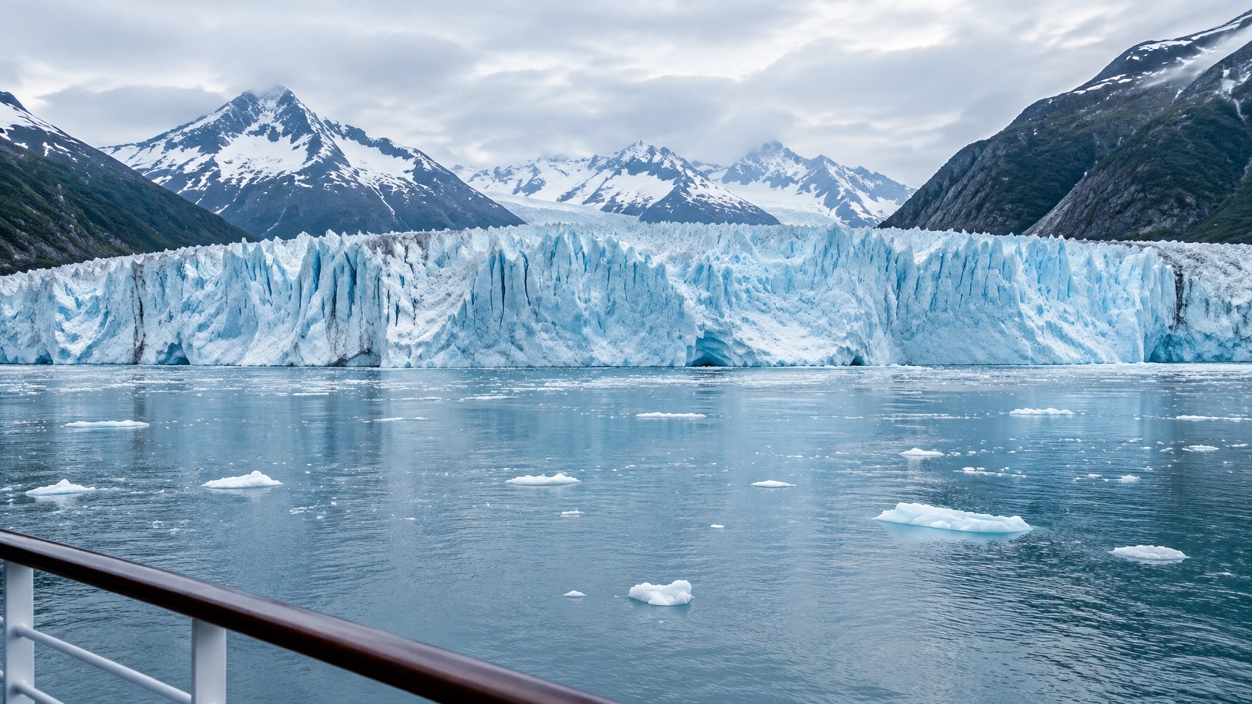A towering blue-white glacier across a calm fjord, with ice scattered on the water