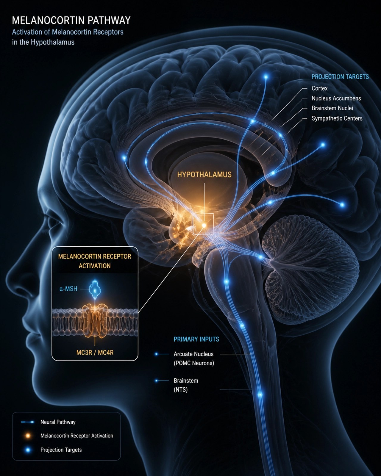 Neural pathways in the brain representing melanocortin receptor activation