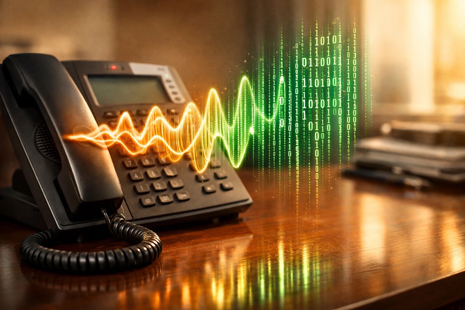 Office desk phone with digital binary sound waves illustrating AI voice cloning and vishing threats to finance teams.