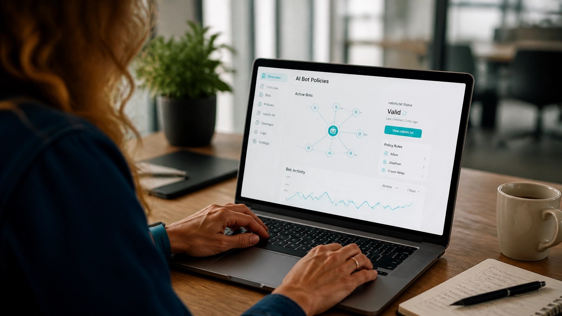 A digital professional configuring AI bot policies and technical SEO parameters on a high-performance system.