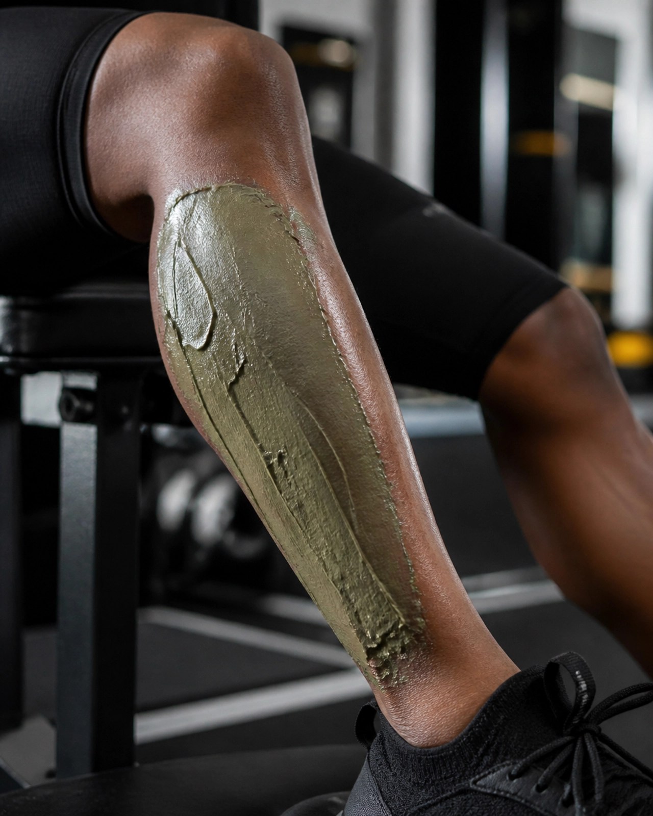 An athlete applying a French green clay poultice to their leg for muscle recovery.