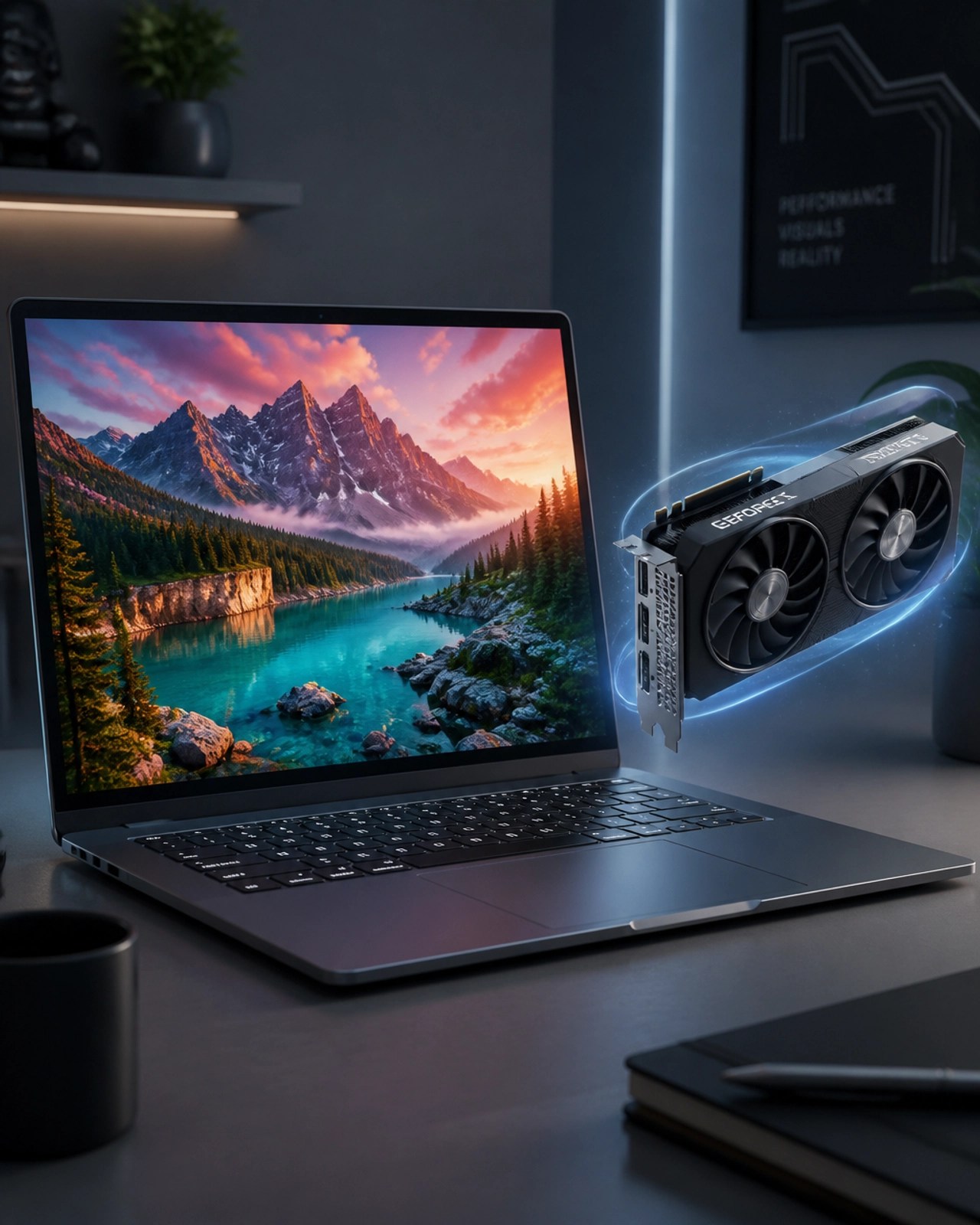 A 3D illustration of a vibrant laptop screen next to a floating dedicated graphics card, symbolizing the balance between display quality and graphical power.
