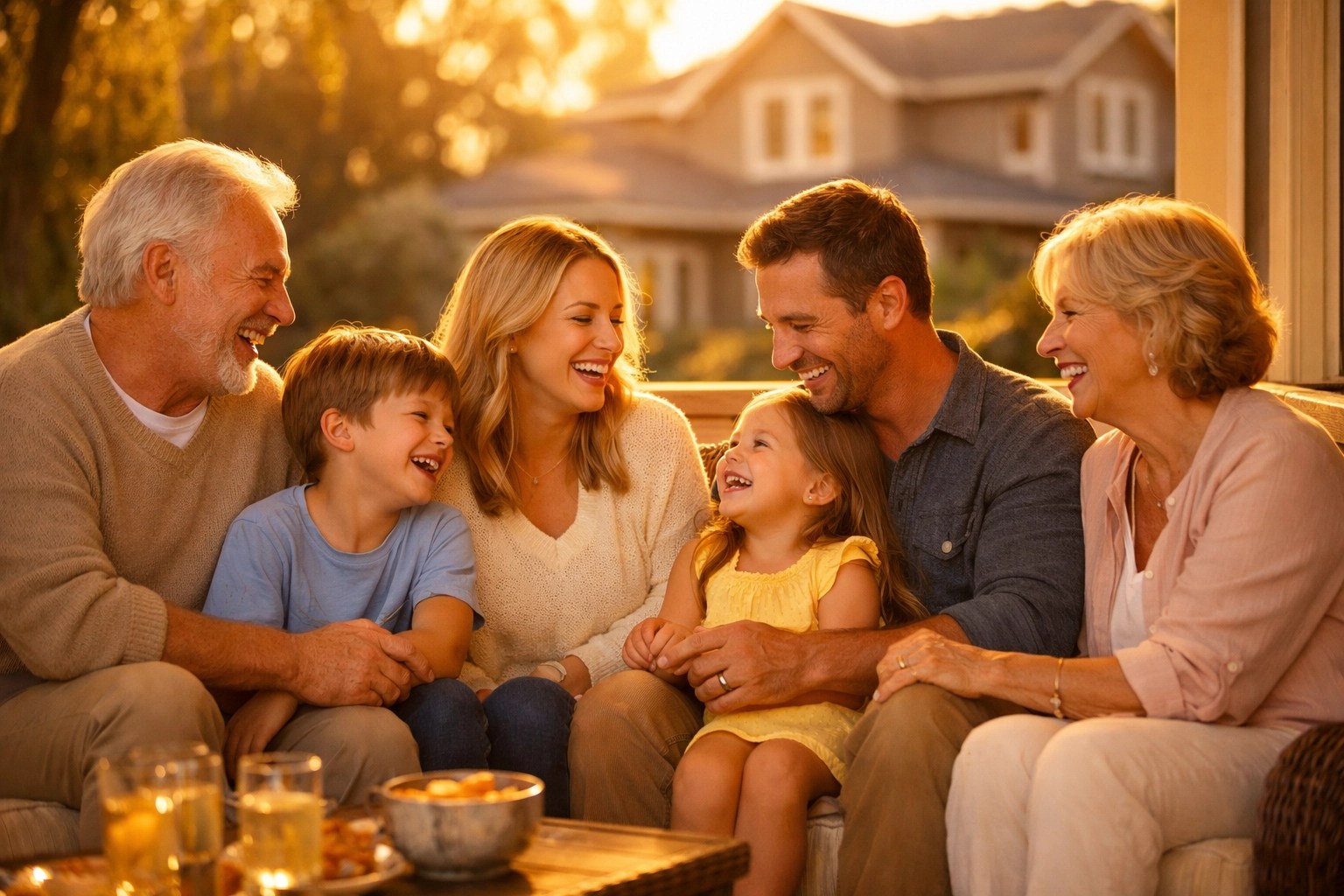Happy multi-generational family on a porch, illustrating the core values of building a secure financial legacy.