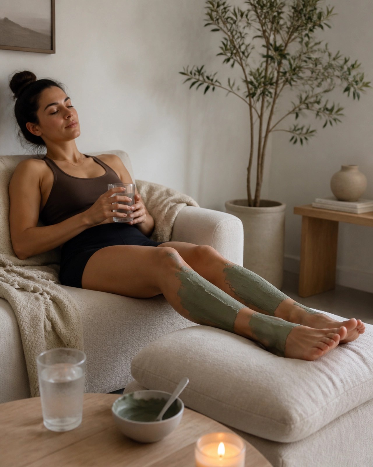 Athlete resting on a sofa with green clay applied to their shins