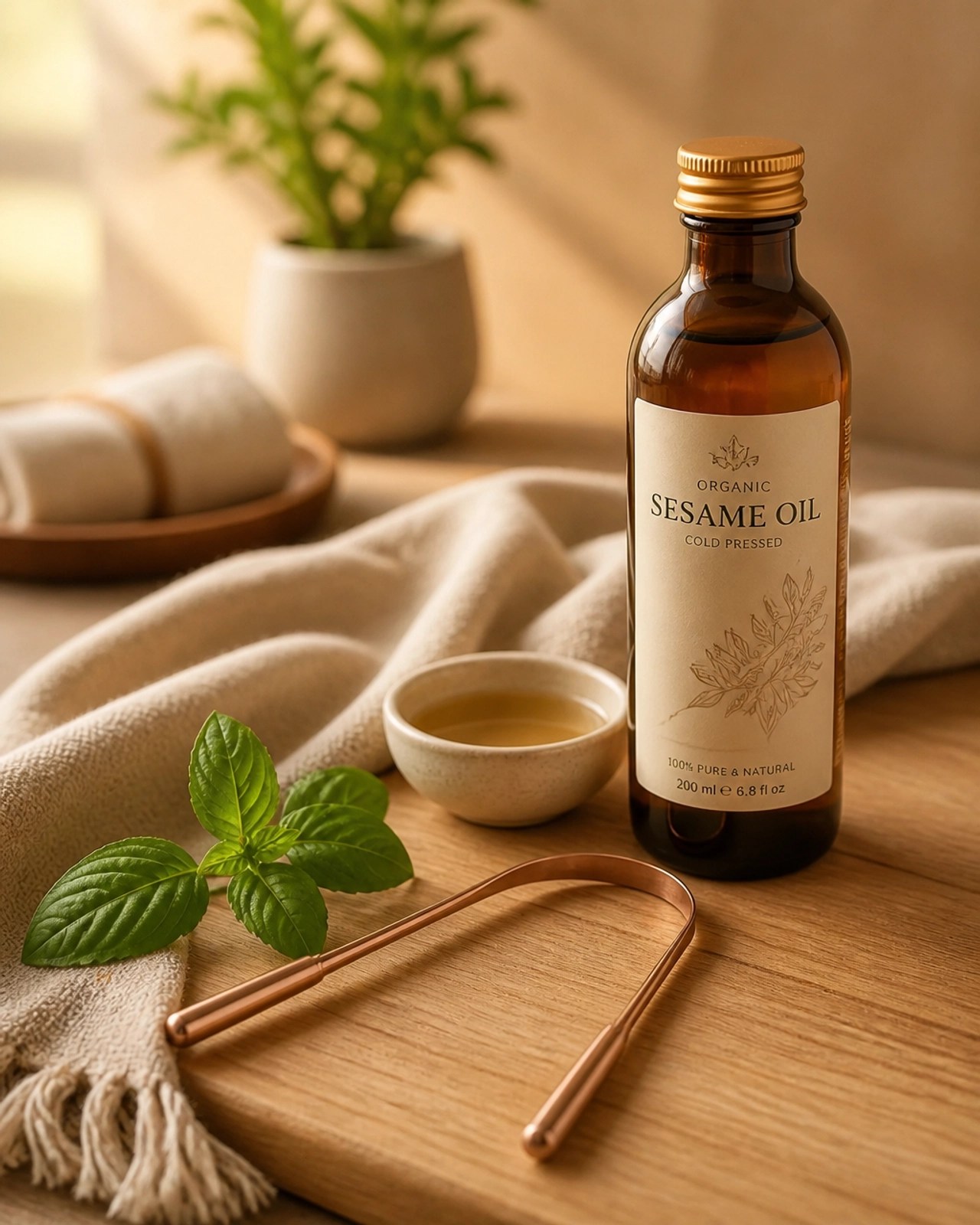 Essential tools for an Ayurvedic morning routine, including a copper tongue scraper and sesame oil.