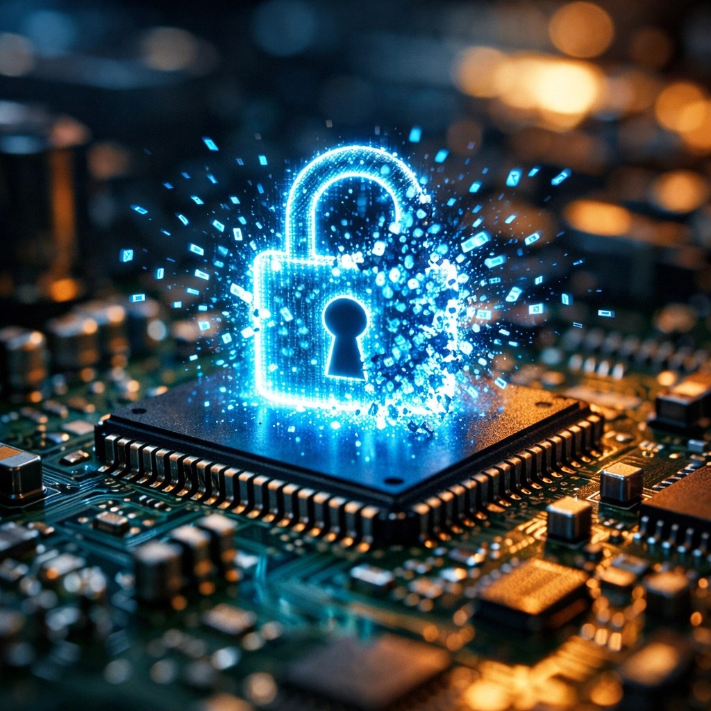 A microchip with a shattering digital lock, symbolizing the legal victory of Bill C-244 for Canadian repair rights.