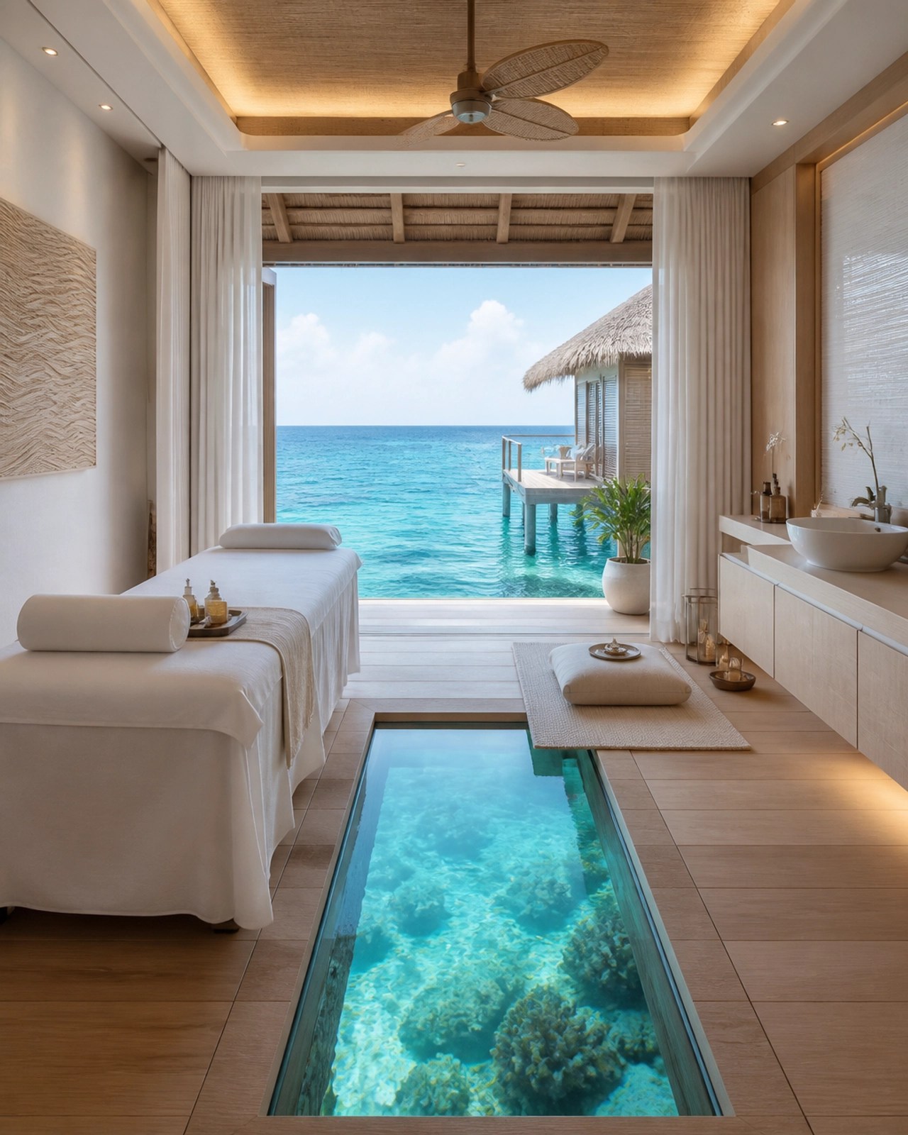 An overwater wellness villa interior in the Maldives showing a glass panel in the floor over clear turquoise water.