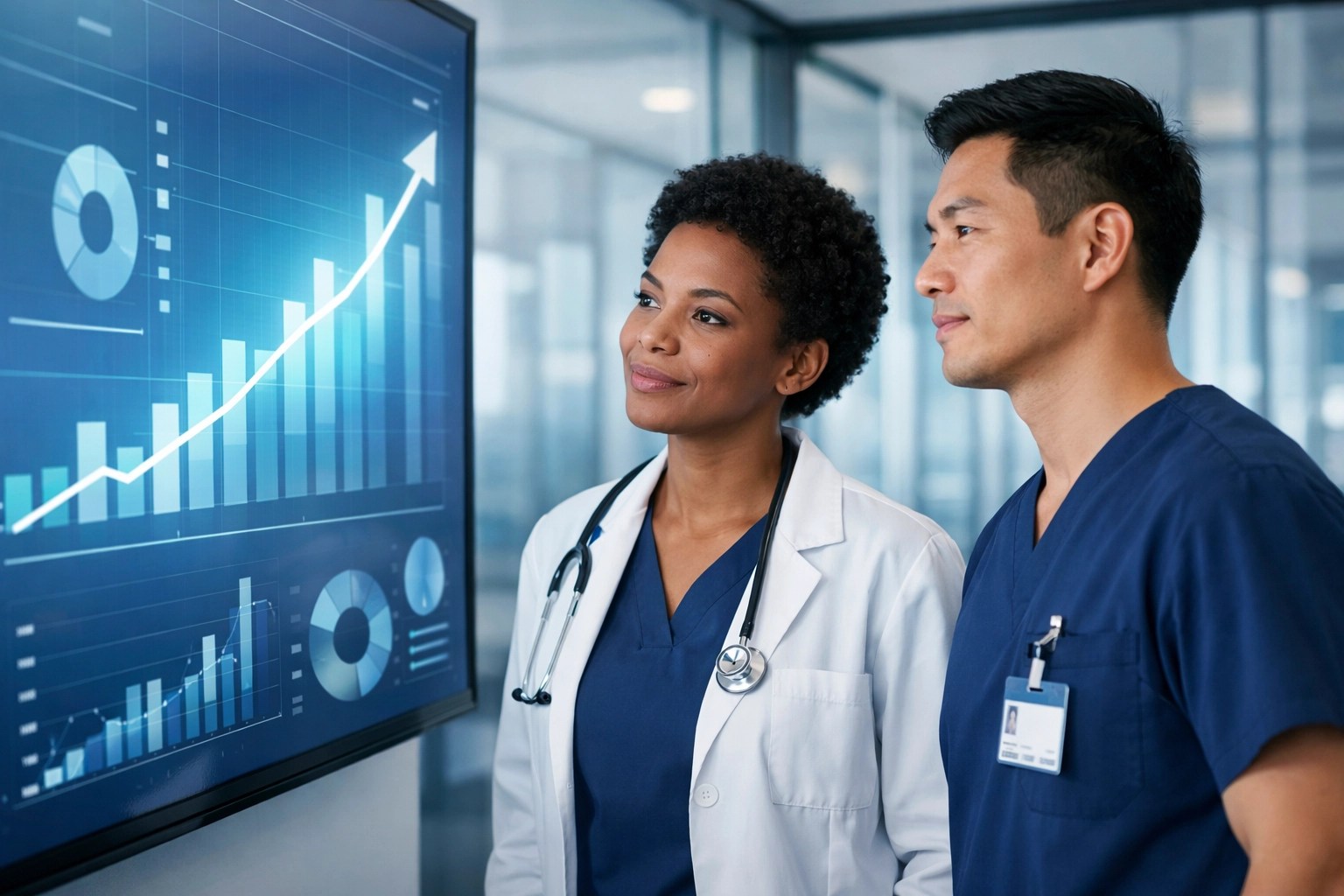 Healthcare leaders analyzing data on a large screen to align b2b healthcare sales strategy across a tech startup team.