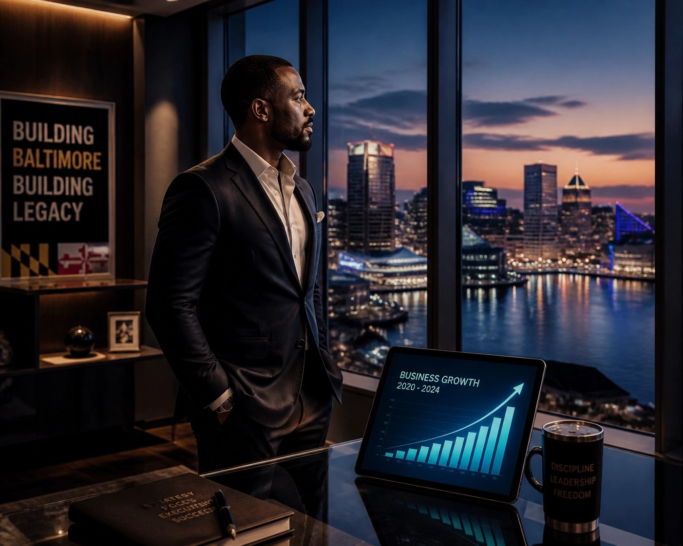 Maryland entrepreneur in a Baltimore office viewing a growth chart for $50k unsecured business funding success.