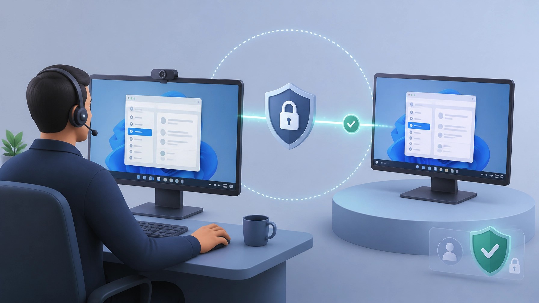AI illustration of secure remote IT support with two screens in a Quick Assist style session