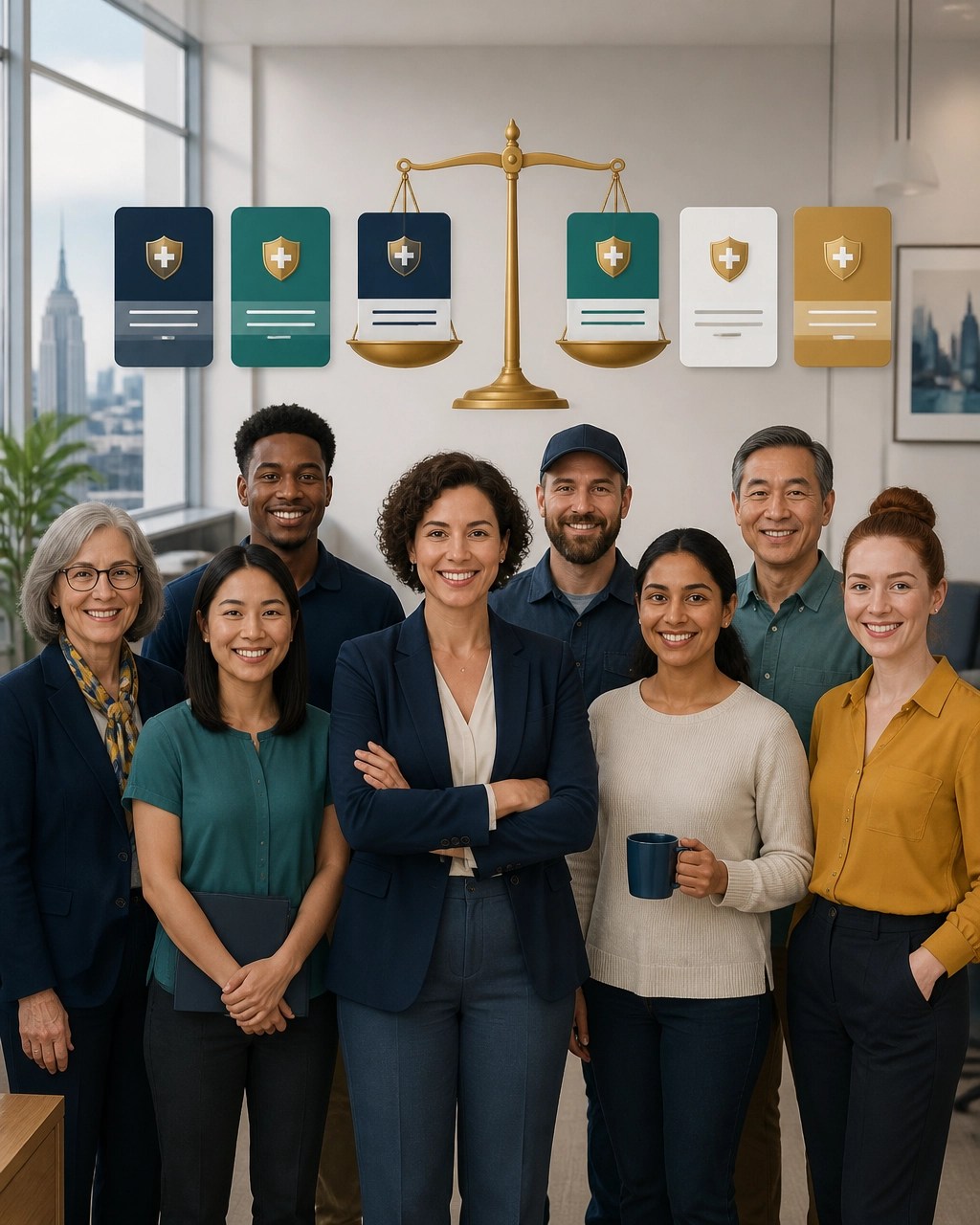 Diverse New York small business employees standing together beside balanced healthcare coverage symbols
