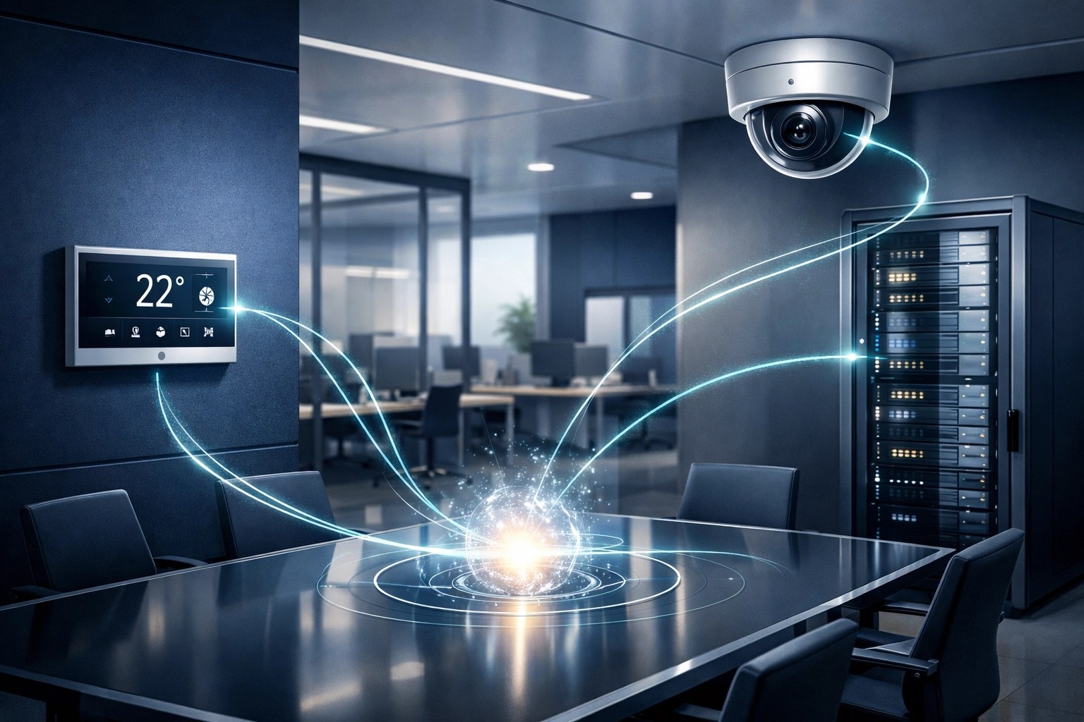 Interconnected smart business security systems illustrating modern risk management solutions.