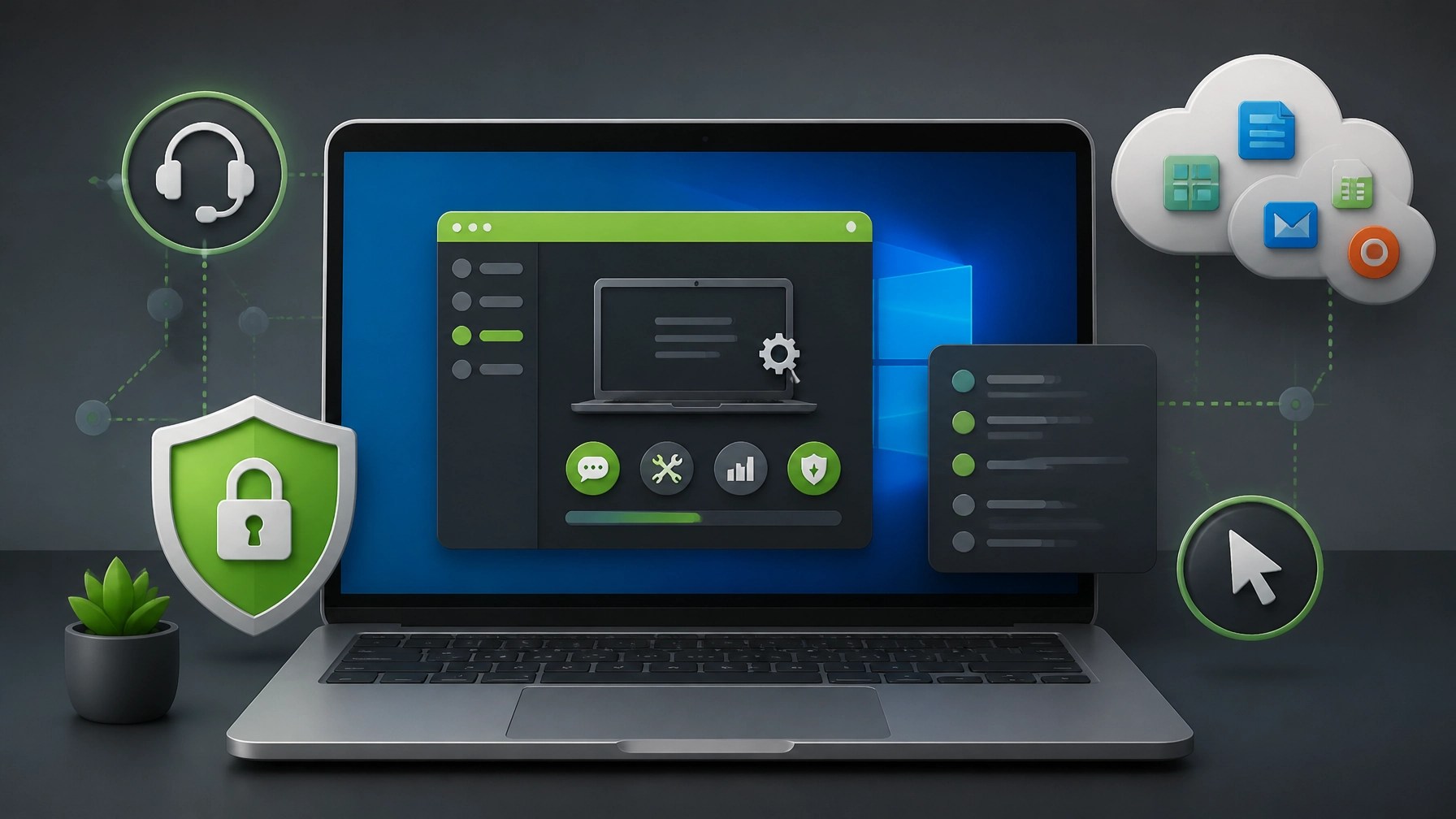Remote IT support illustration with secure assistance connection and cloud productivity tools