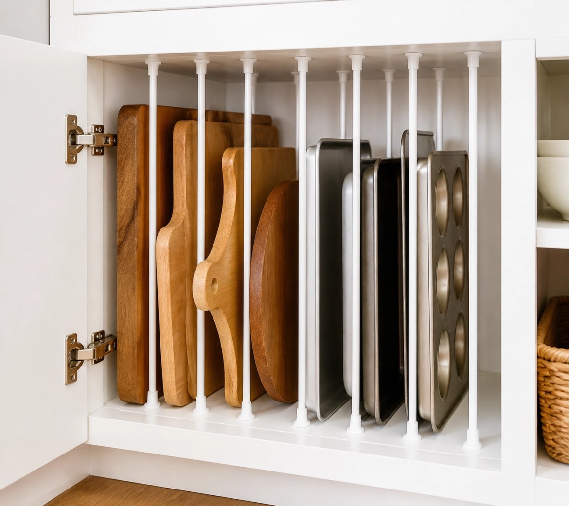 Vertical tension rods used as dividers to organize baking sheets in a kitchen cabinet.