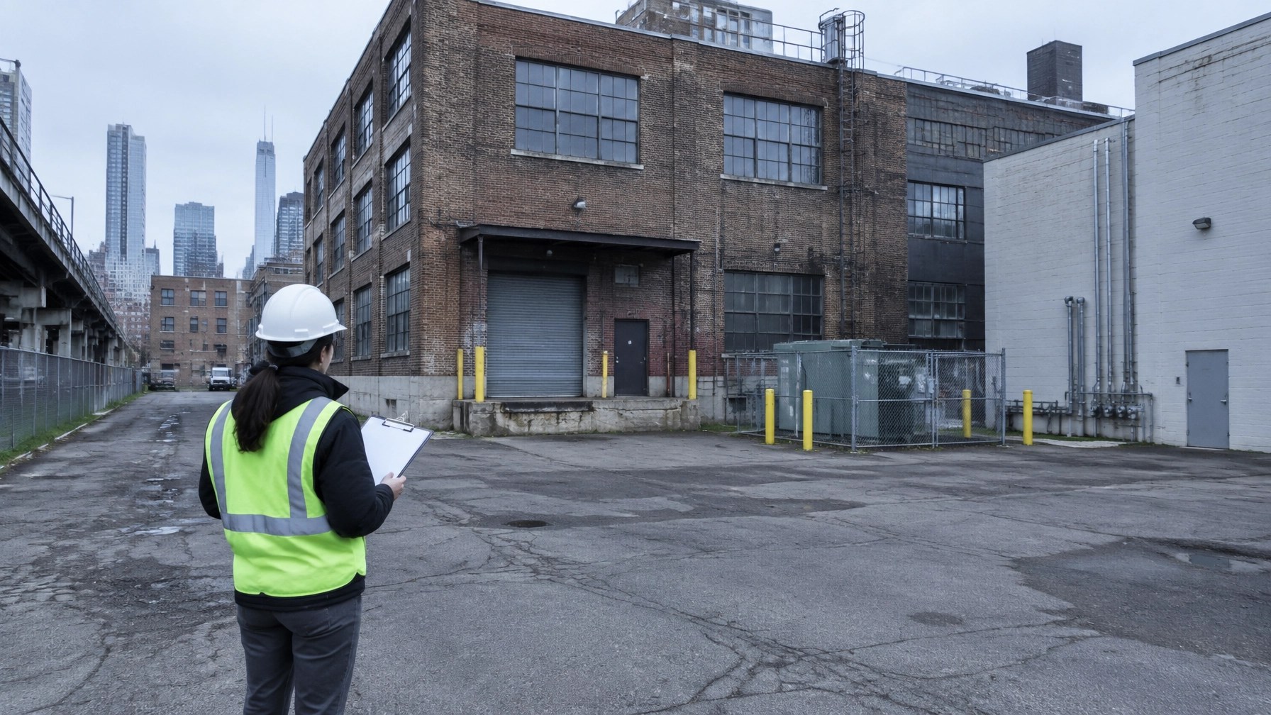Environmental professional performing a visual site reconnaissance at an urban commercial property with an older industrial building, adjoining properties, and paved yard