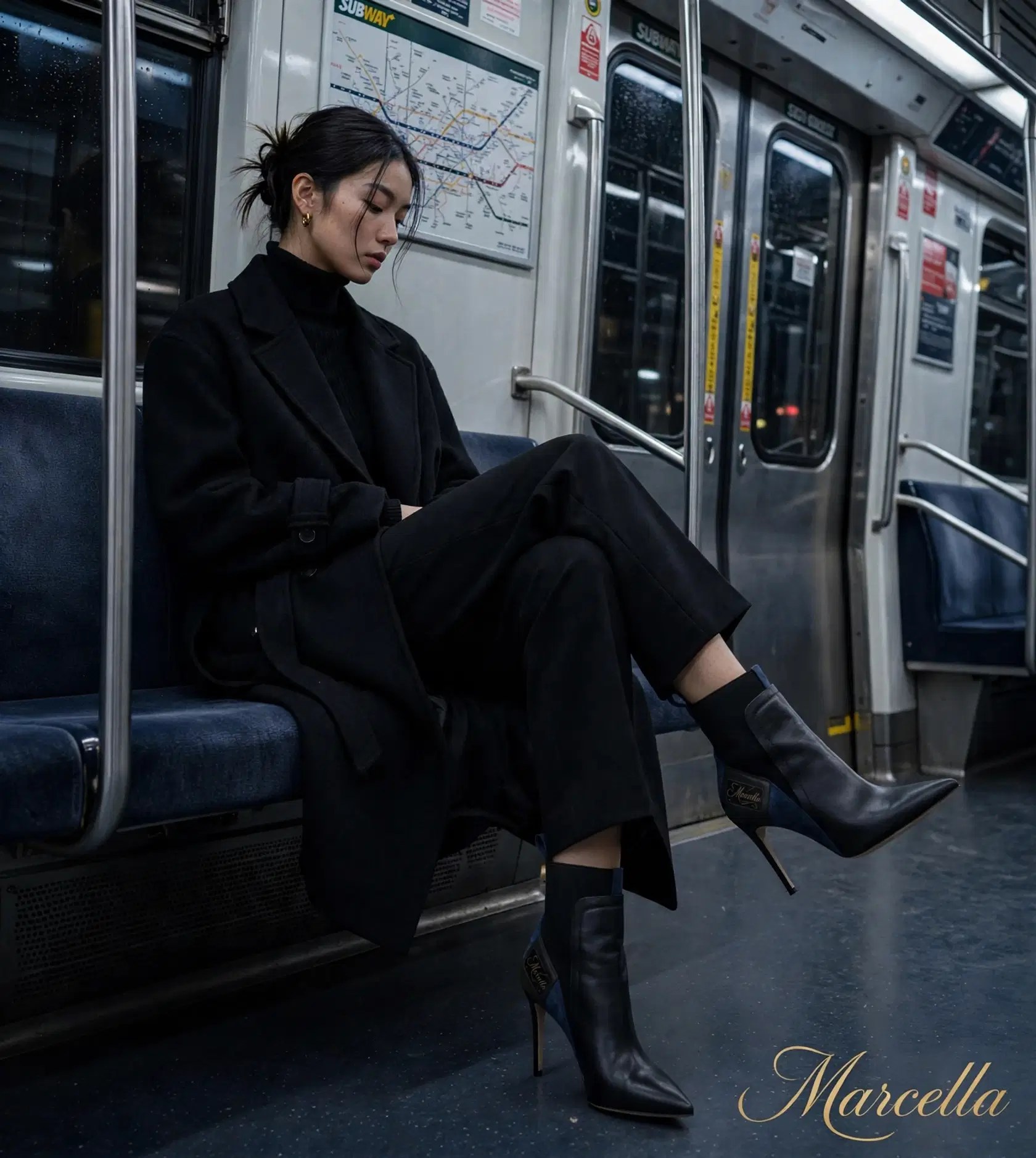 A sophisticated woman sitting in a minimalist subway car wearing signature Italian-crafted pointed-toe stiletto boots