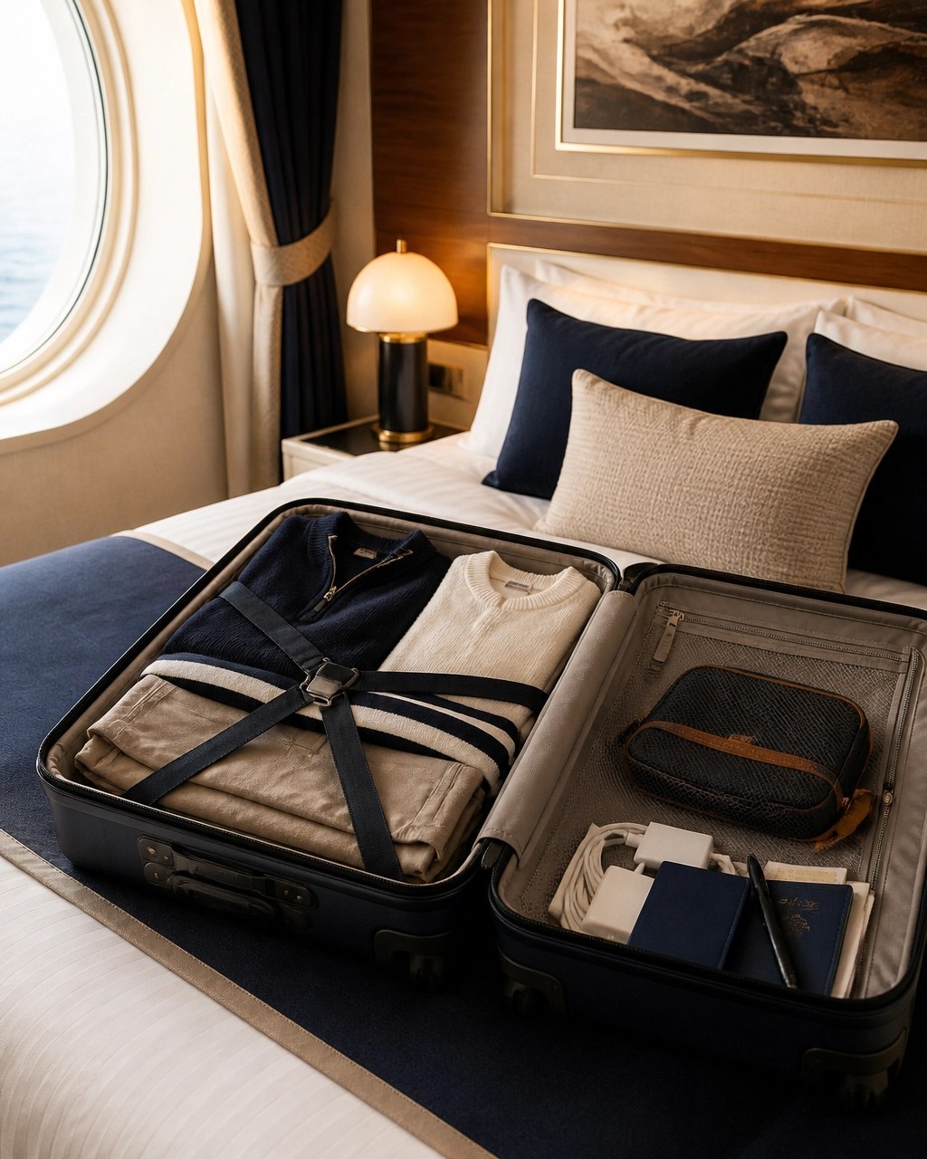 Elegant cruise cabin with an organized suitcase and travel essentials