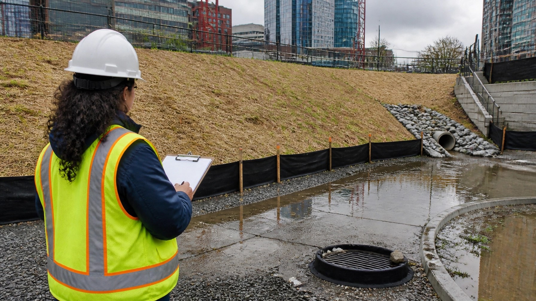 Environmental inspector reviewing stormwater controls after rainfall at a Northern New Jersey construction site