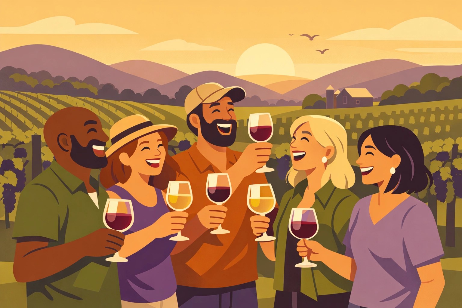 Friends celebrating birthday at Virginia vineyard with wine glasses