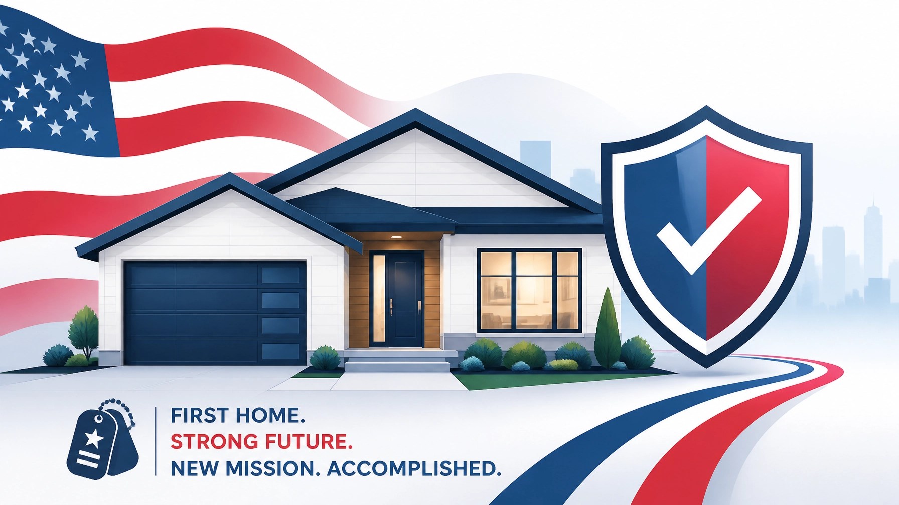 Single family home with secure shield and checkmark representing home buying success
