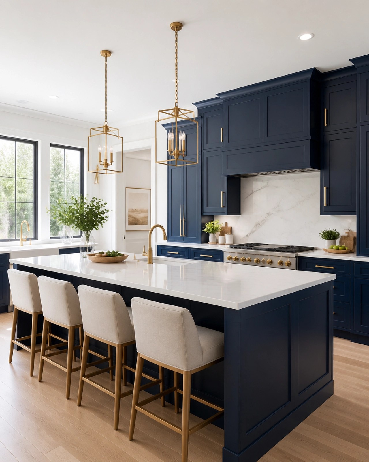A high-end modern kitchen renovation with custom navy cabinets and quartz countertops.