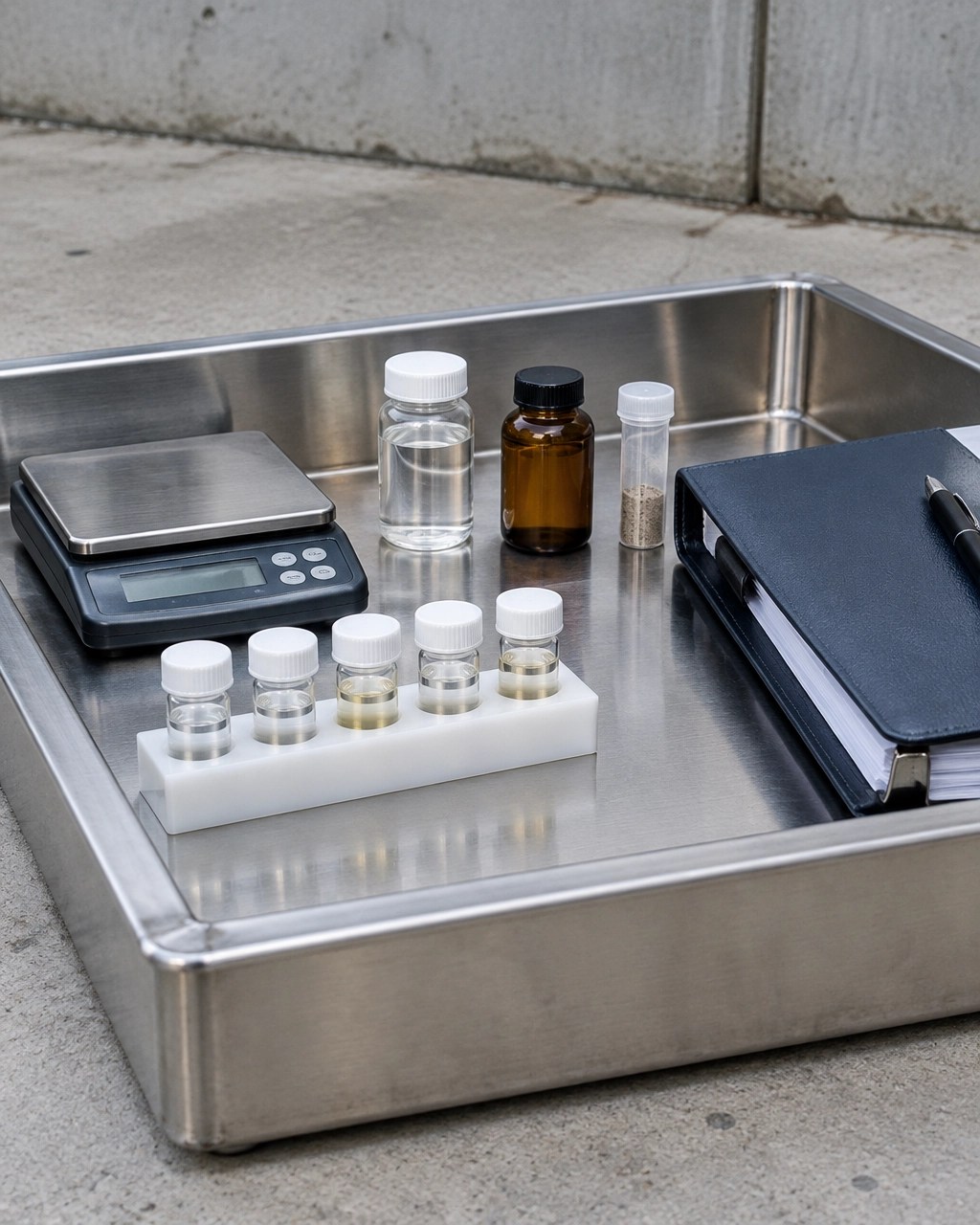 Organized environmental sample containers and field equipment representing a de minimis quantity review